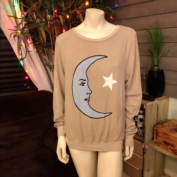 Wildfox Tops - Wildfox Tan & Blue Moon & Star Baggy Beach Jumper